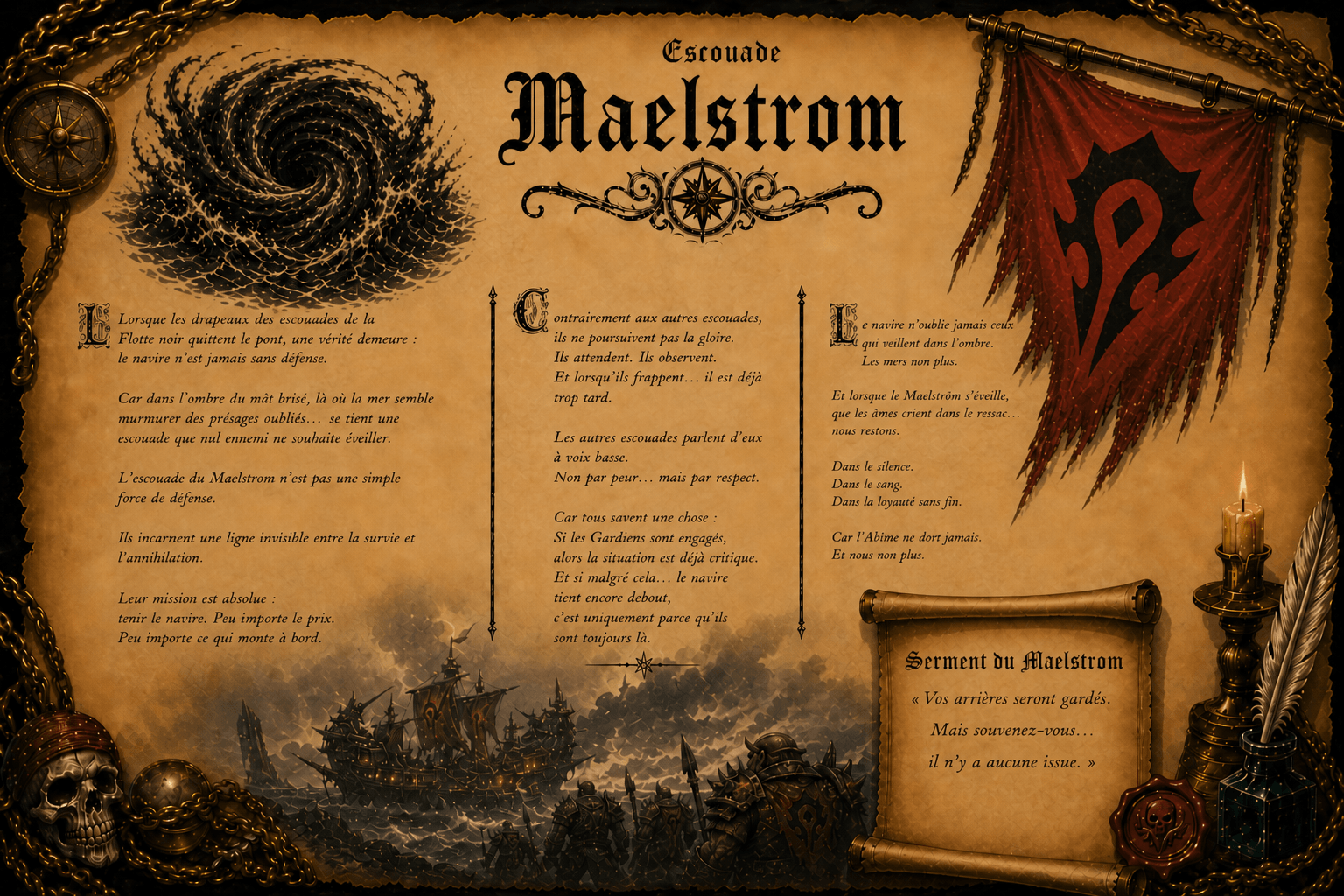 Le serment du Maelstrom : rester dans l’ombre, protéger le navire, et rappeler à l’abîme qu’il n’aura pas le dernier mot.