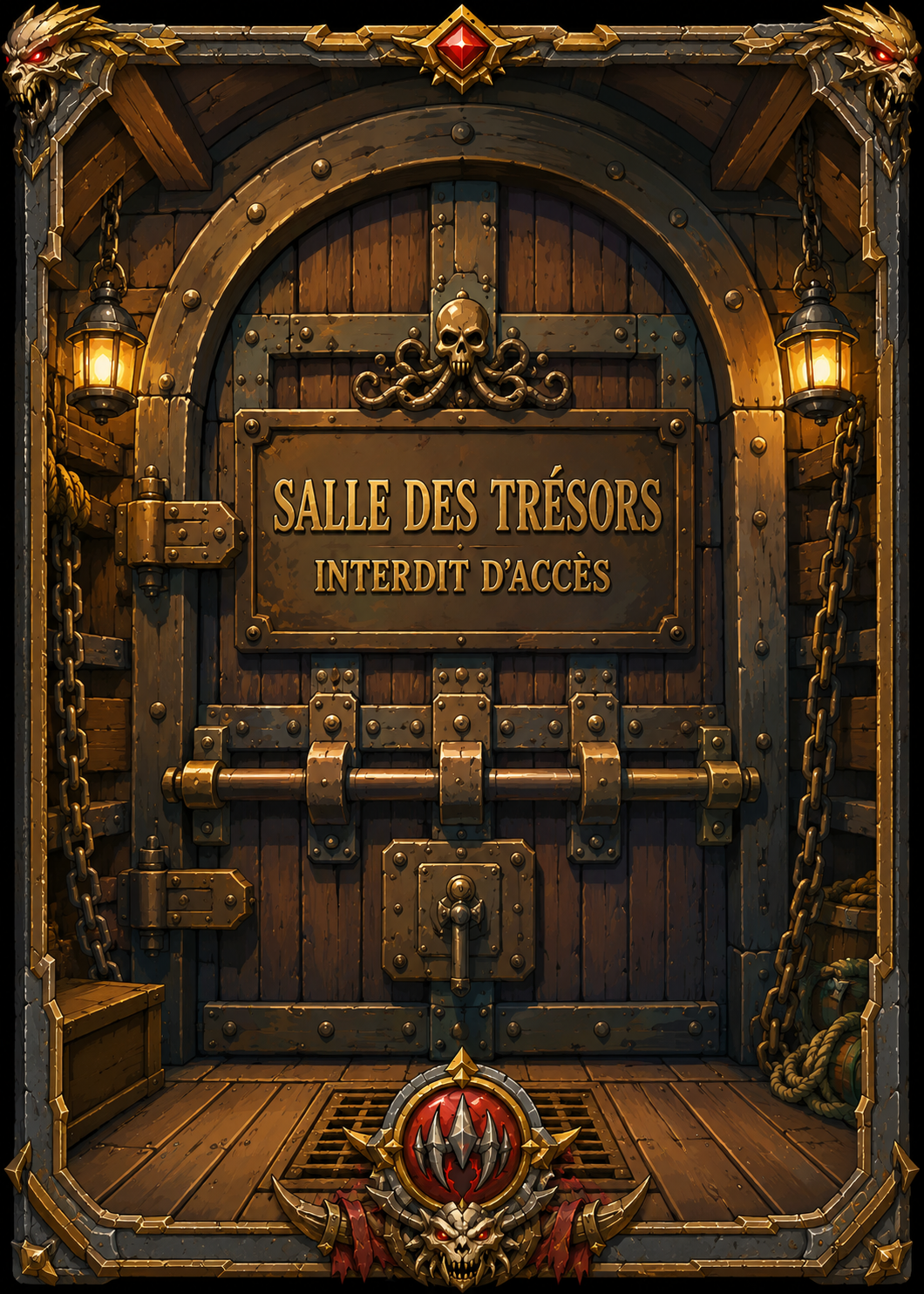 Une porte verrouillée, gardée par deux têtes de dragon dorées : Salle des Trésors, interdit d'accès